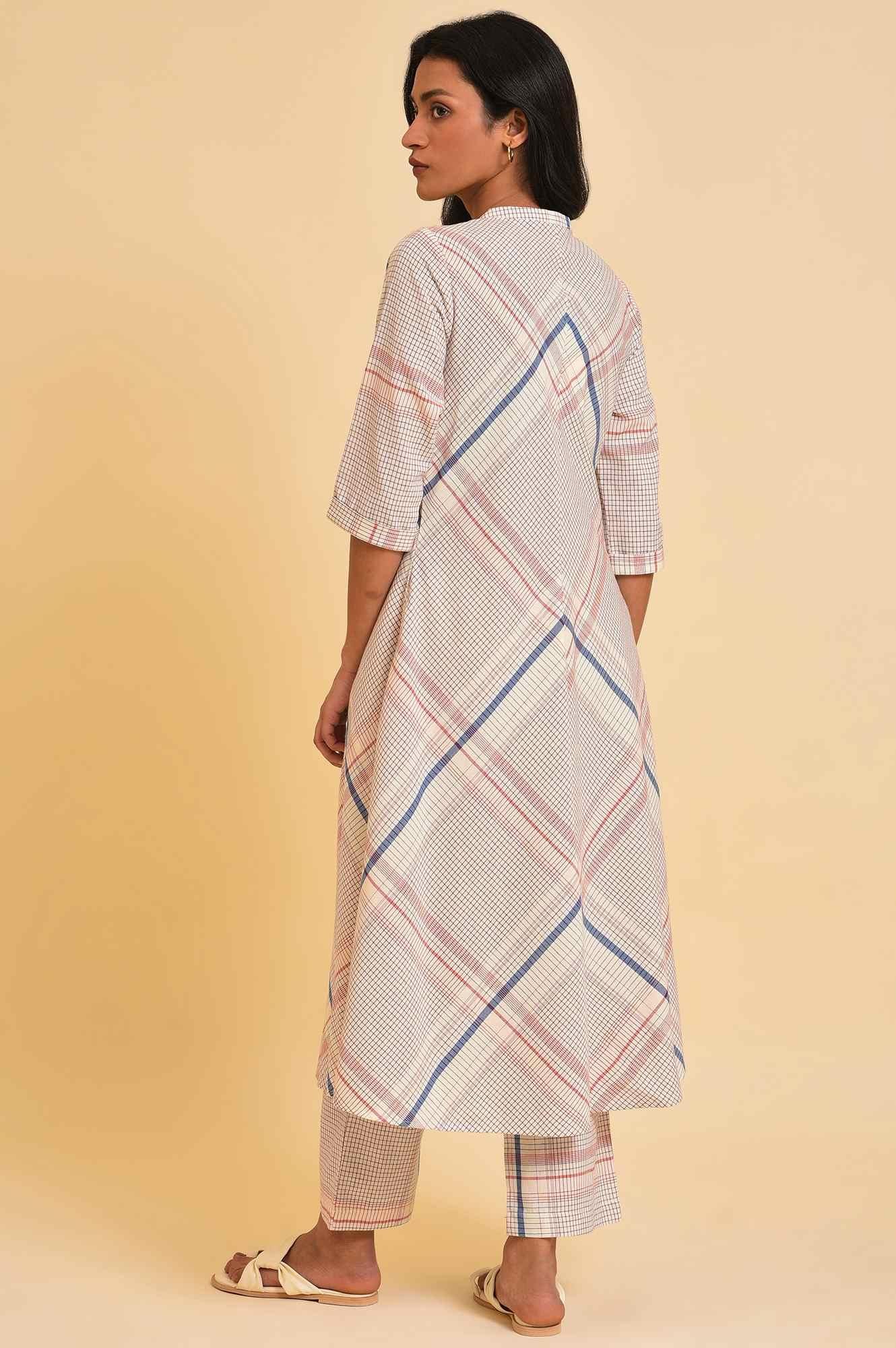 Ecru Bold Checks A-Line kurta & Pants Co-Ord Set - Image 8